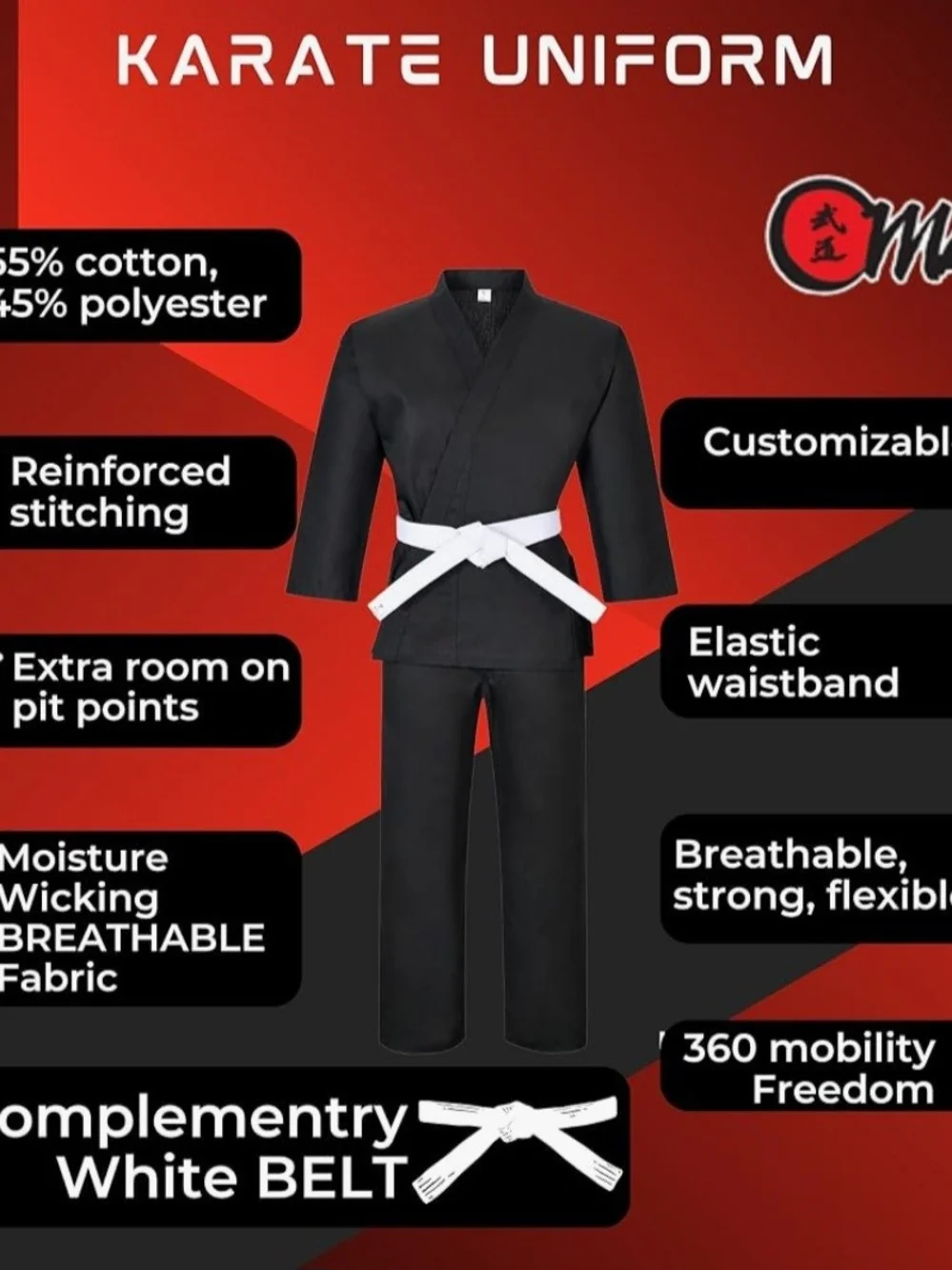 Black Martial Arts Gi Uniform Set - Karate Tae Kwon Do Dojo White Belt Size 3